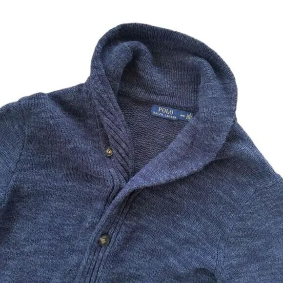 Polo Ralph Lauren Button Cardigan M Medium Blue Shawl Collar Cotton Knit Marled - Picture 8 of 10